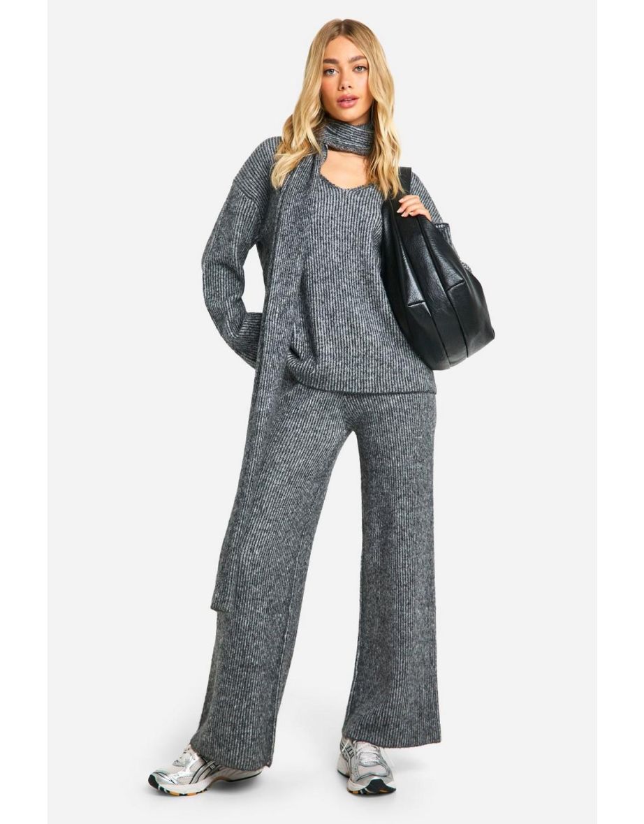 Stitch Detail V Neck Oversized Knitted Jumper And Scarf - grey