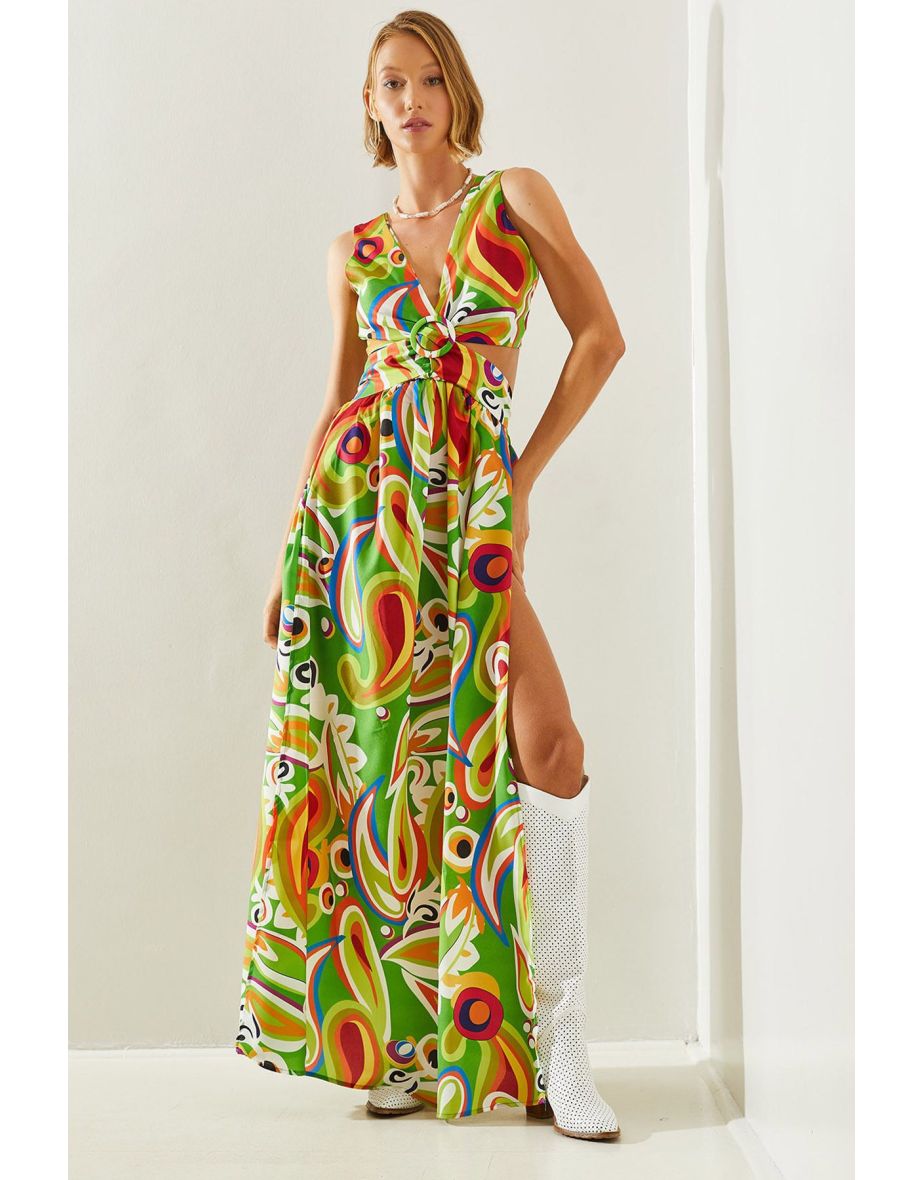 Women's Backless Kilos Cut Halter Neck Patterned Slit Detail Dress