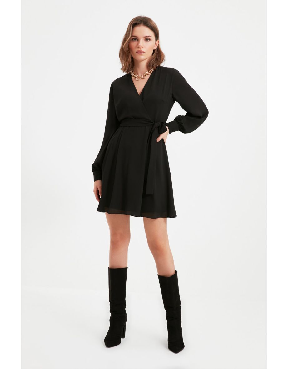 Black Petite Chiffon A-Line Mini Dress with Long Sleeves