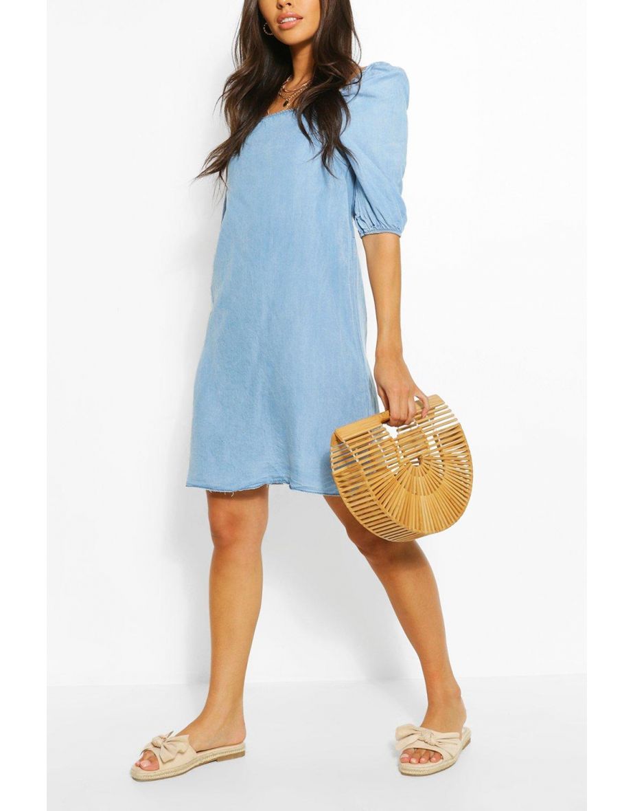 Chambray Shirred Back Shift Dress - light blue - 3