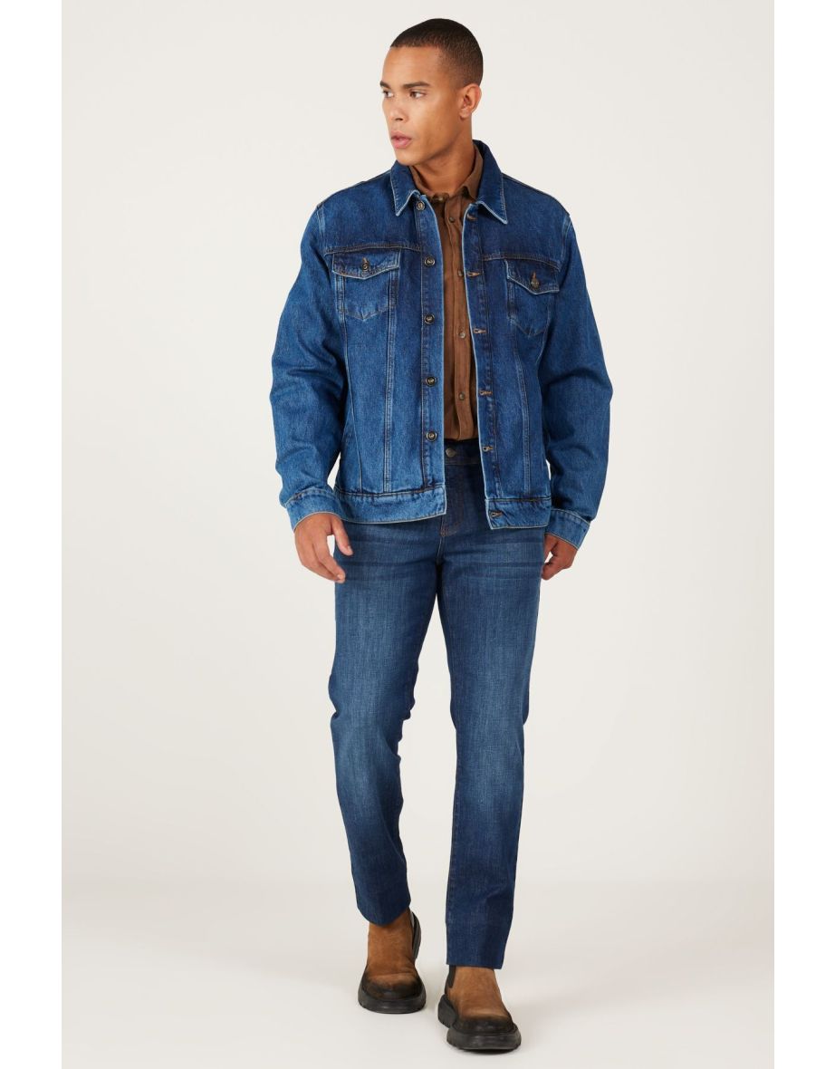 Shop Men s Navy Blue Standard Fit Regular Cut 100 Cotton Denim Jean Jacket Online in Qatar VogaCloset