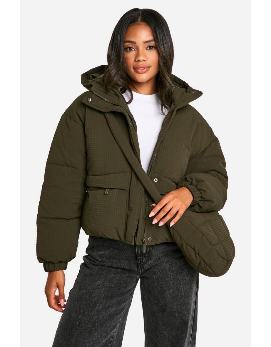 Hooded Puffer Jacket With Matching Bag - khaki