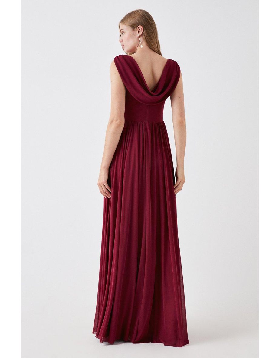 Cowl Back Stretch Mesh Full Skirted Bridesmaids Maxi Dress - 3