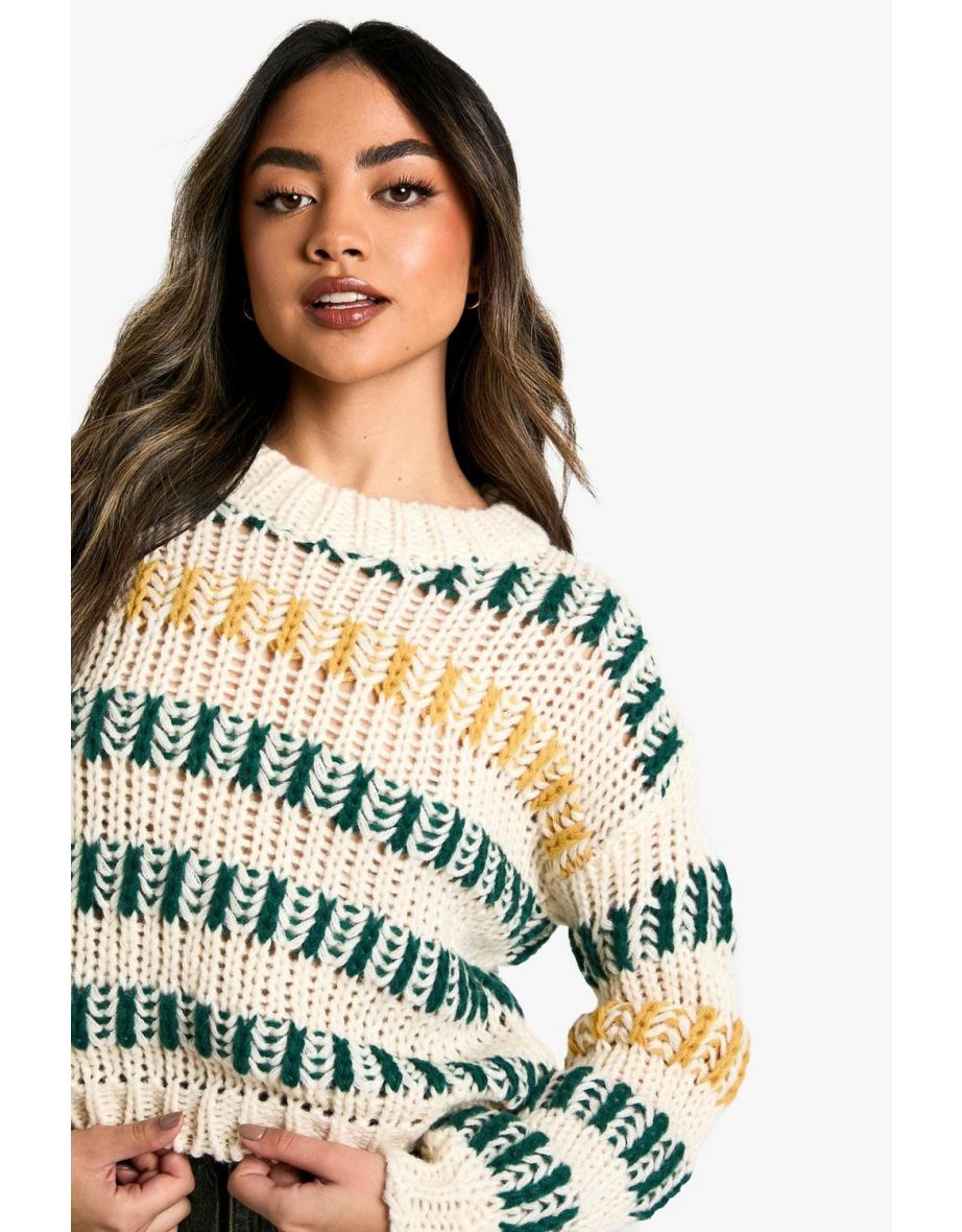 Chunky Contrast Stripe Knitted Jumper - cream - 3