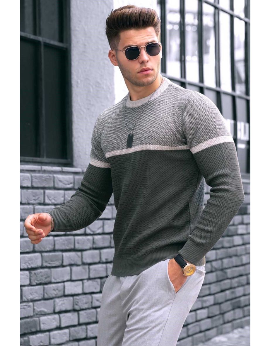 Men's Khaki Color Block Sweater