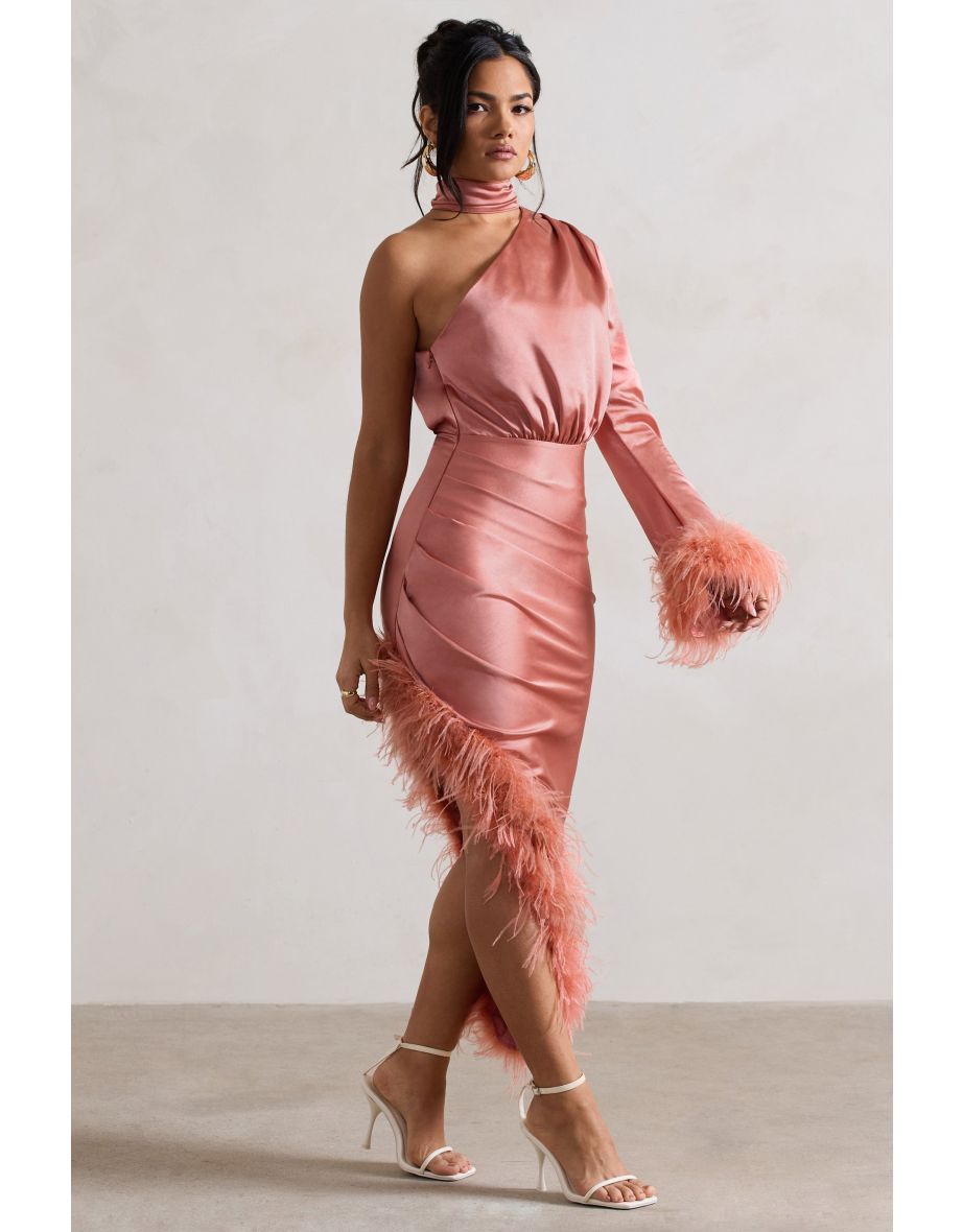 Dolce | Coral Satin Asymmetric Dress With Feather Trims - 4
