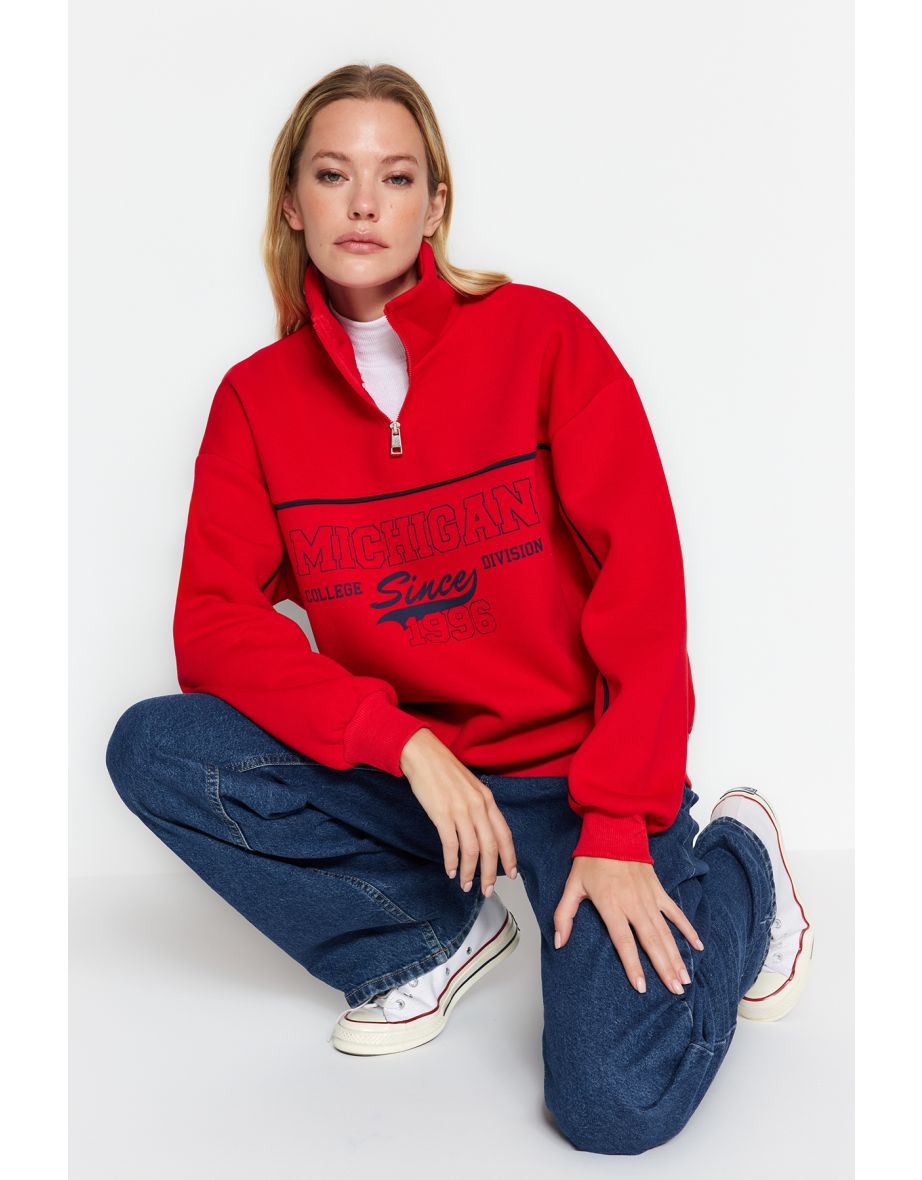 Red Zipper Printed Oversized Thick Fleece Inside Knitted Sweatshirt