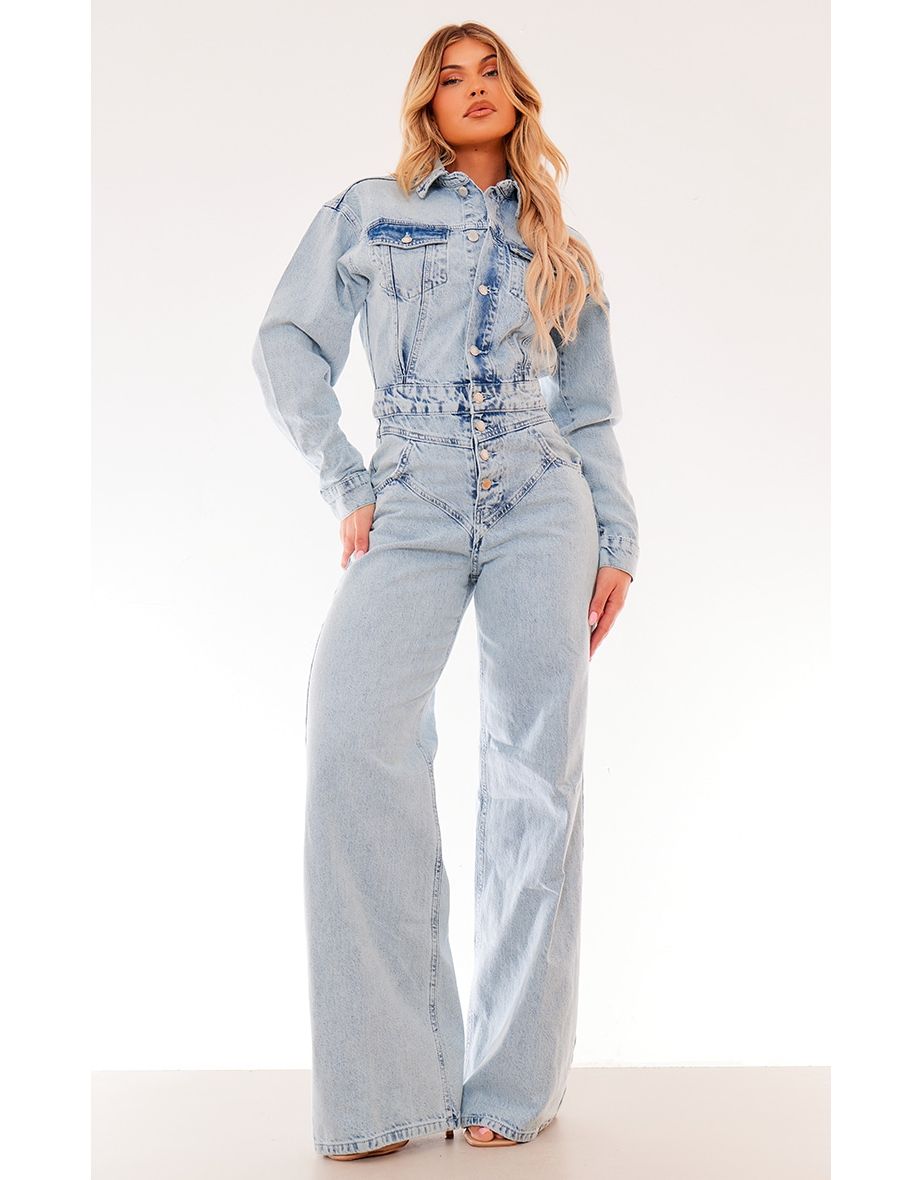 Light Blue Wash Seam Detail Button Up Denim Jumpsuit