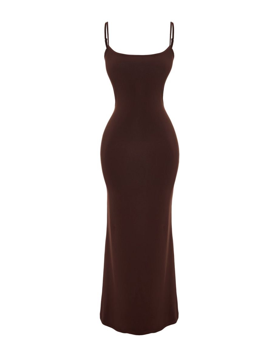 Brown Fitted/Sticky Knitted Maxi Dress with Straps - 9