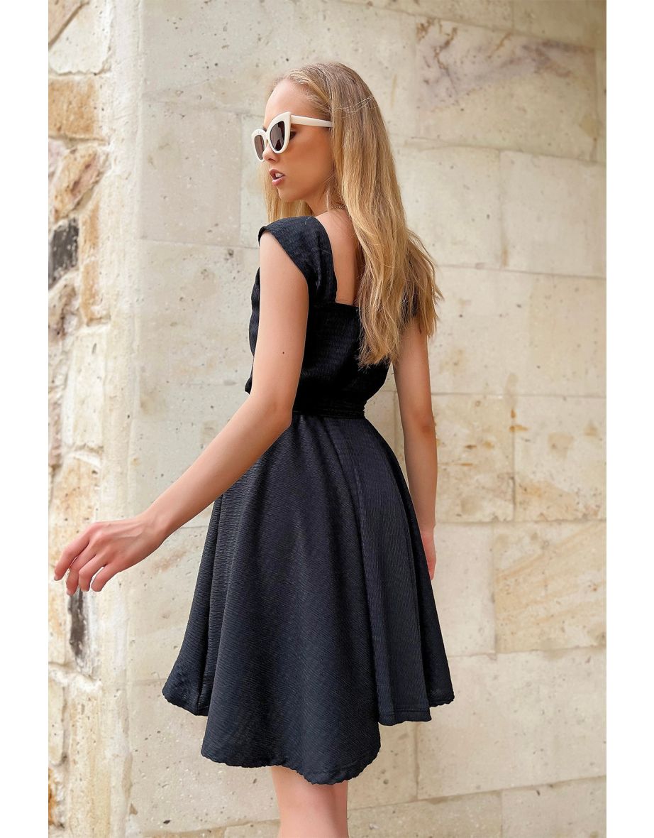 Women's Black Thick Strappy Skirt Flounce Tied Belt Dress - 3