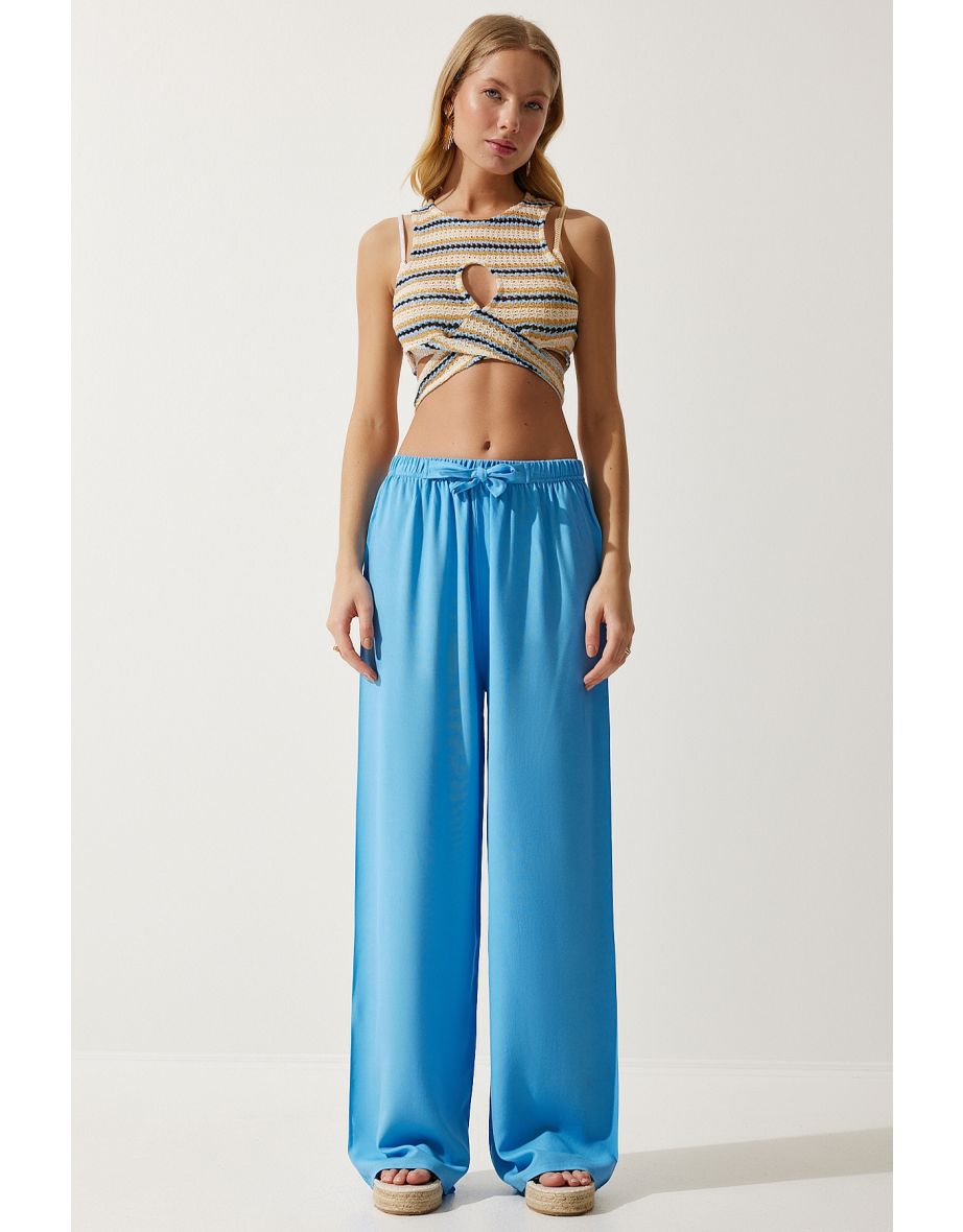 Women's Sky Blue Flowy Knitted Palazzo Trousers
