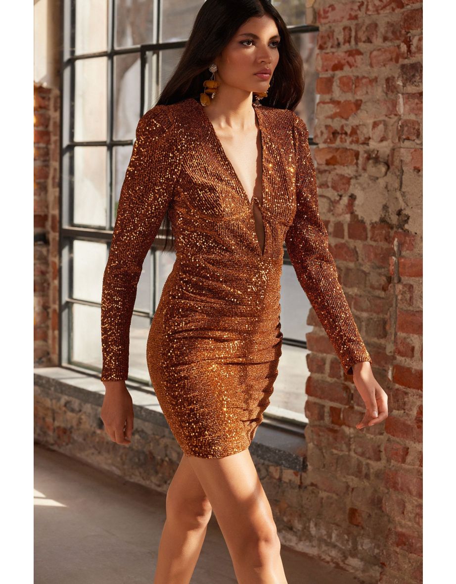 Brown Fitted Shiny Knitted Sequin Sequin Short Elegant Evening Dress