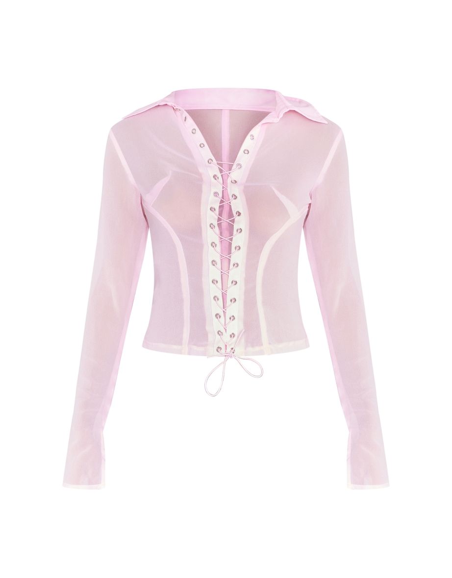 Baby Pink Sheer Chiffon Lace Up Split Sleeve Fitted Shirt - 4