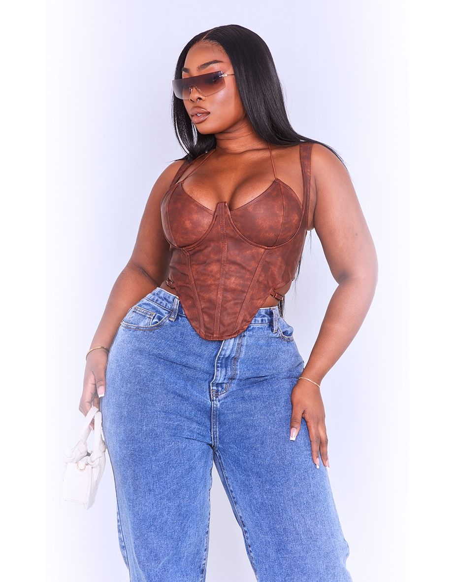 Back Road Washed Faux Leather Corset Top - Brown