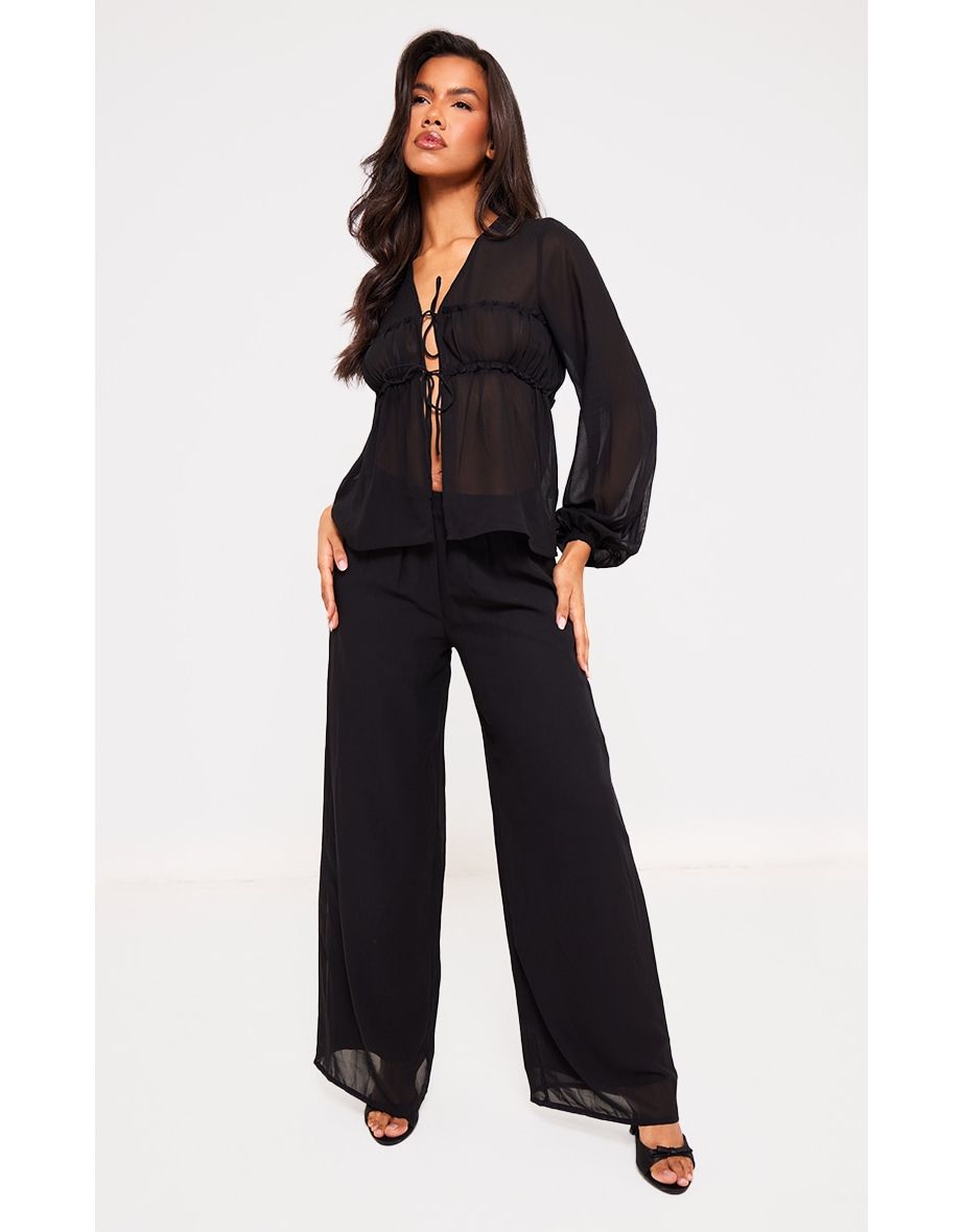 Black Wide Leg Chiffon Trousers
