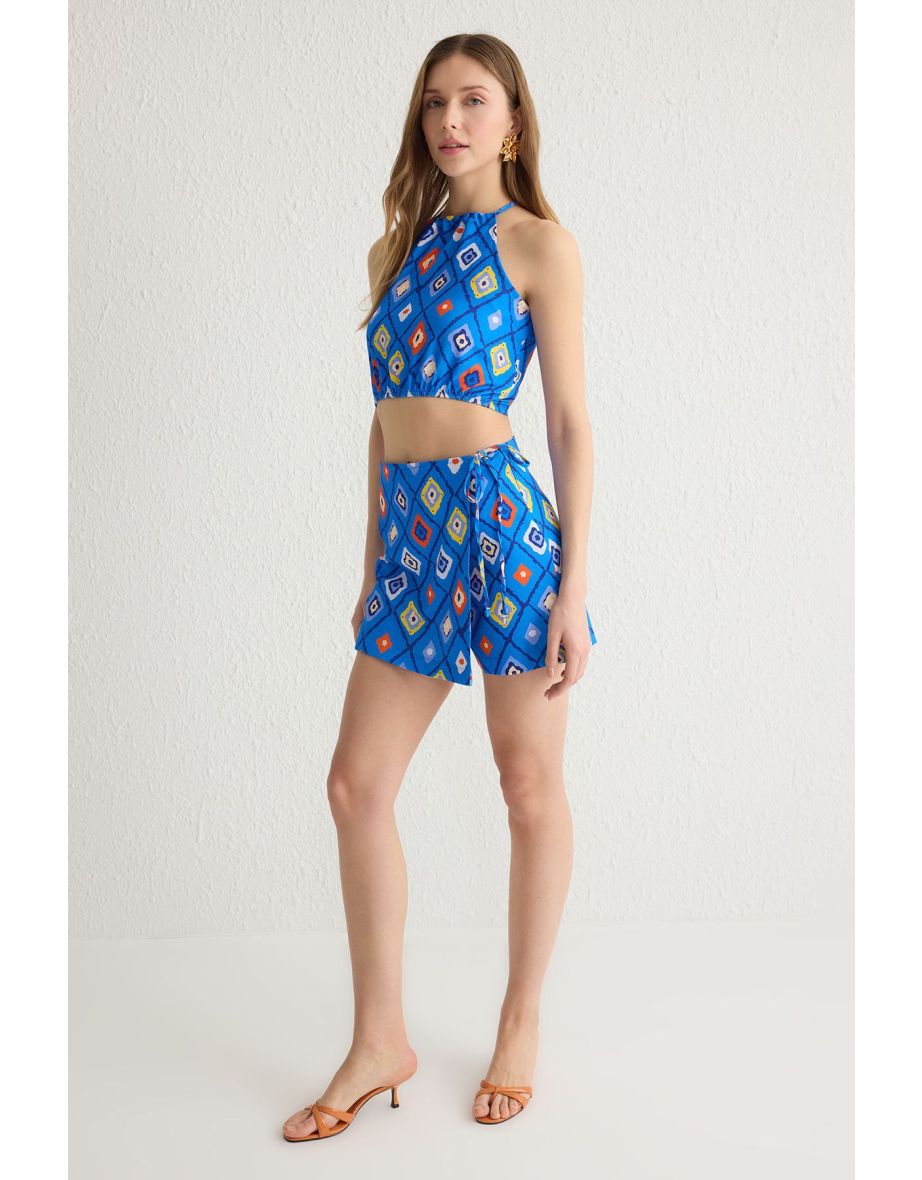 Dark Blue Halter Neck Woven Blouse and Mini Shorts Skirt Patterned Woven Bottom-Top Set