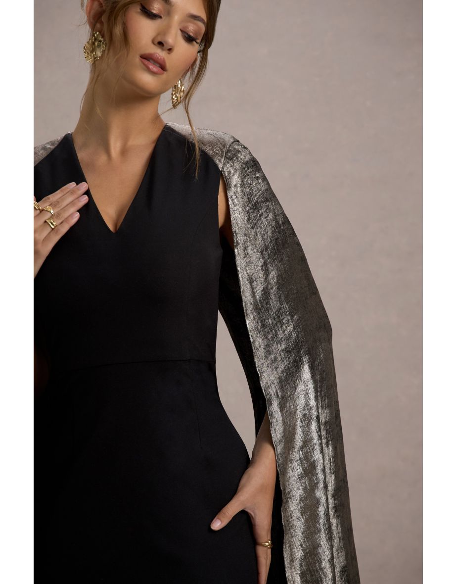 Ilenia | Black V-Neck Maxi Dress With Metallic Cape - 6