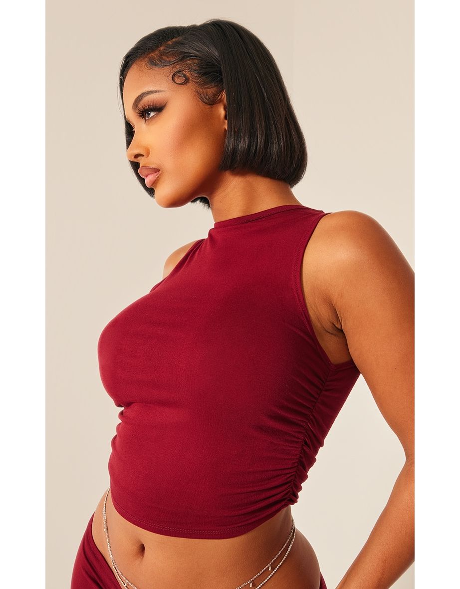 Shape Burgundy Jersey Ruched Side Sleeveless Crop Top - 3