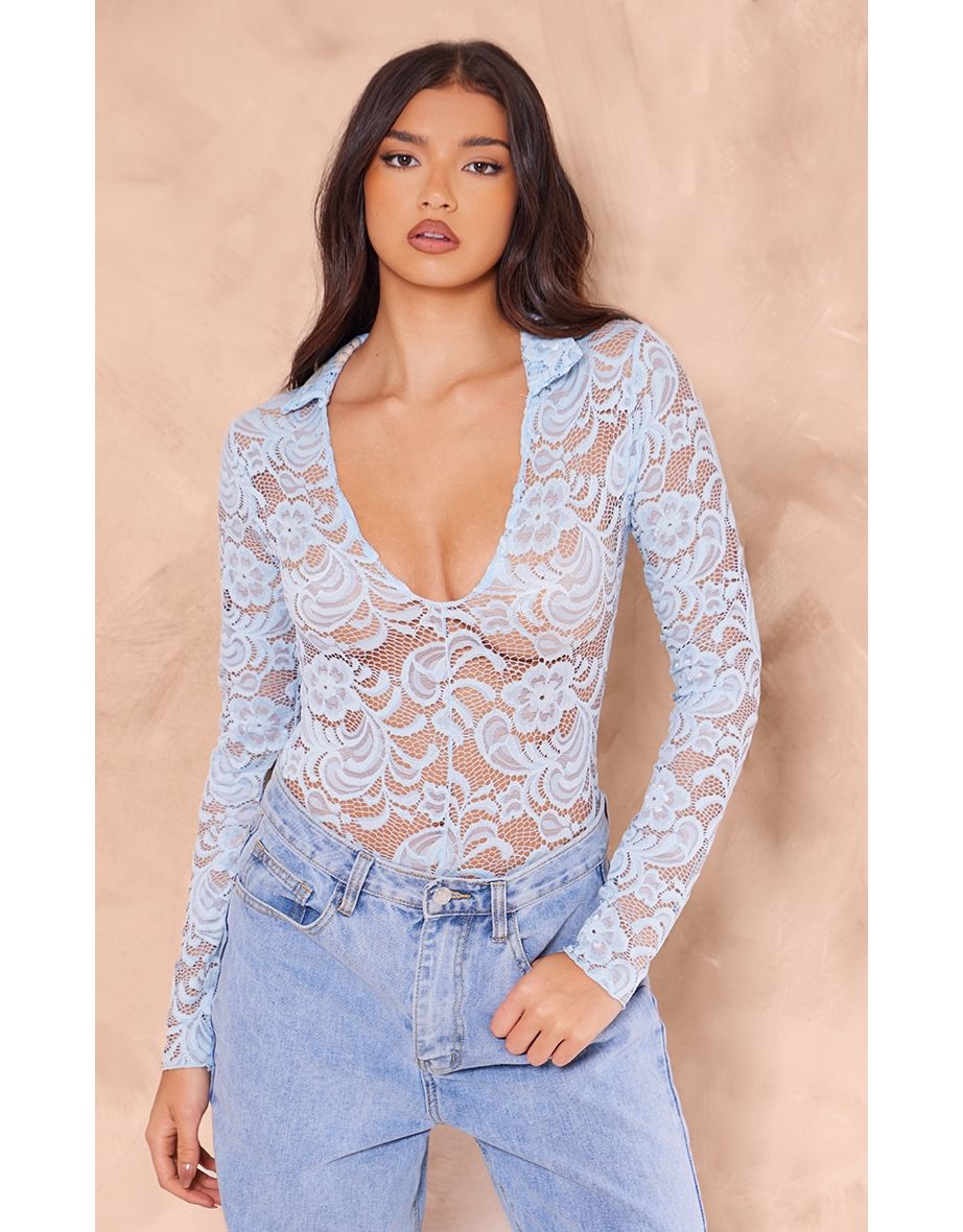 Baby Blue Lace V Neck Long Sleeve Bodysuit