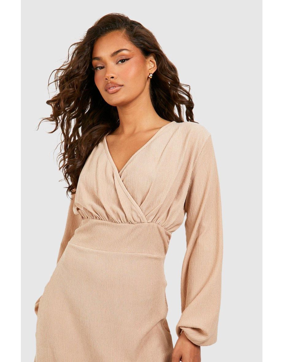 Textured Drape Blouson Sleeve Wrap Dress - tan - 3