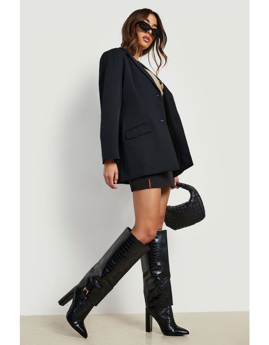 Wide Fit Buckle Detail Pointed Knee High Boots - black croc