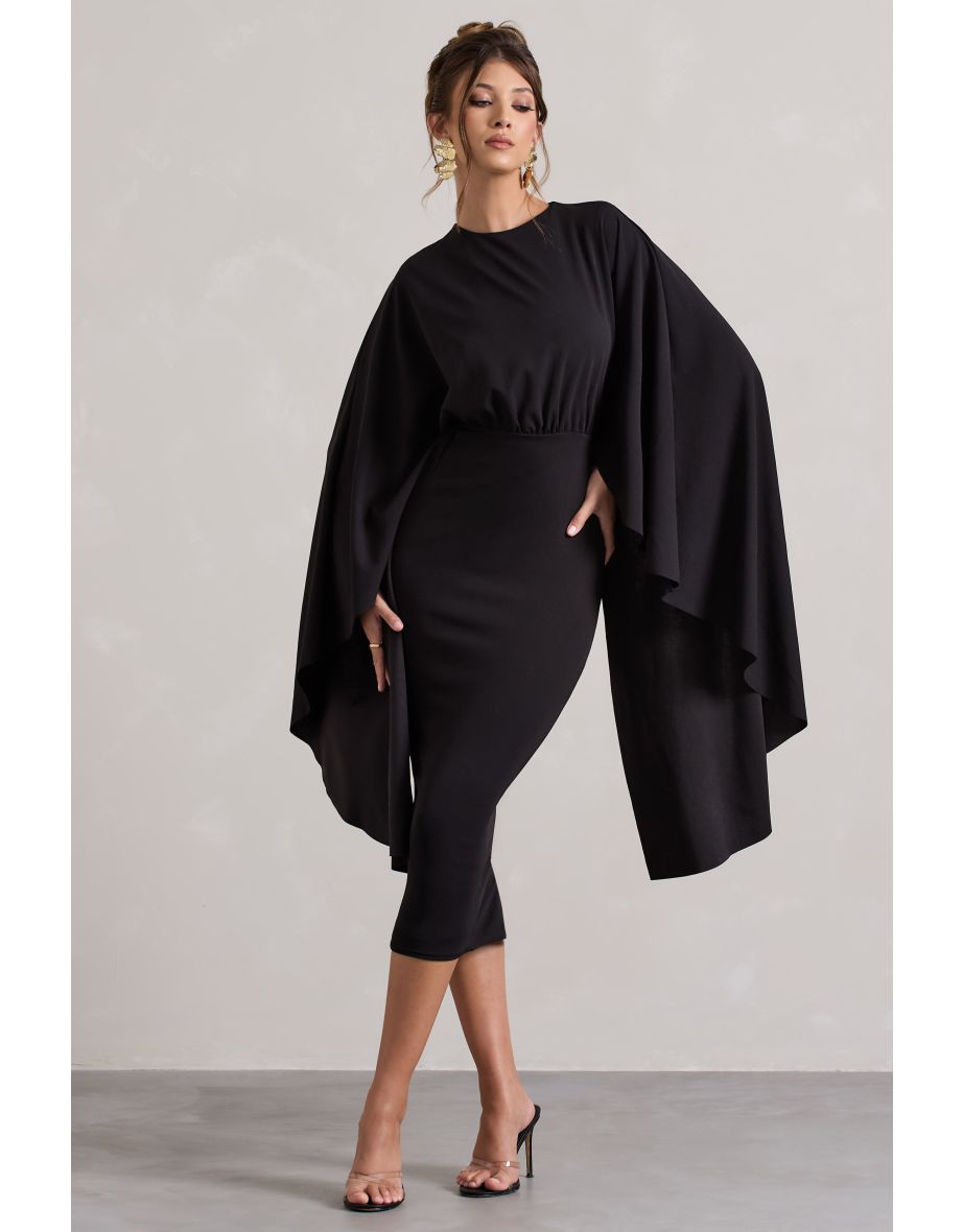 Tranquility | Black Gathered Midi Dress With Cape - 5