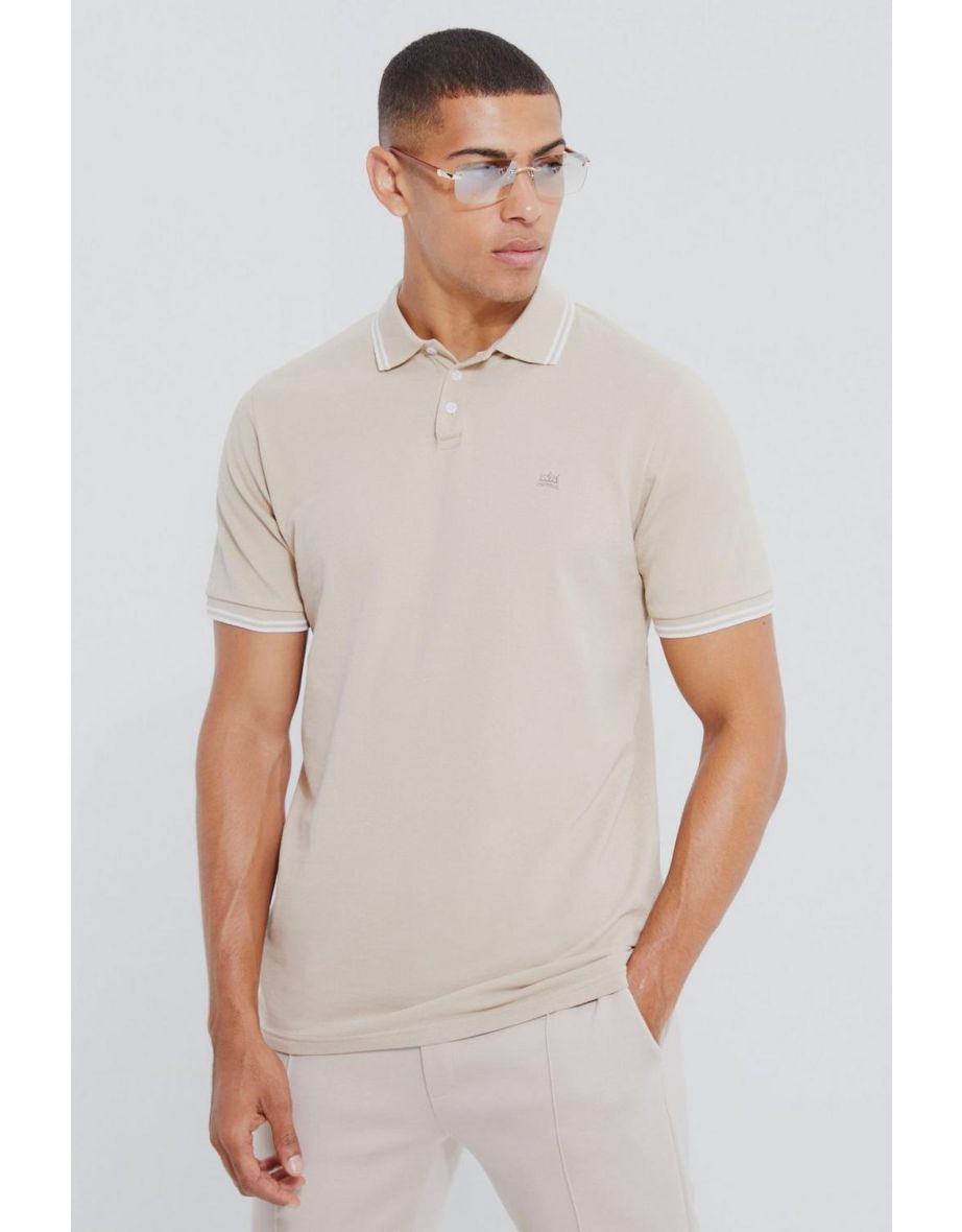 Crown Embroidered Tipped Pique Polo - taupe