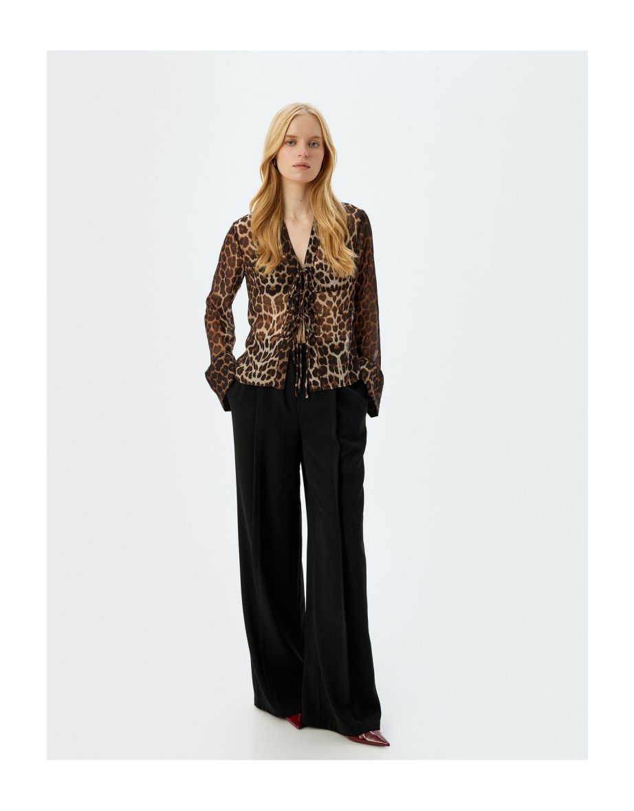 Front Tie Bow Detailed Transparent Tulle Leopard Patterned Blouse