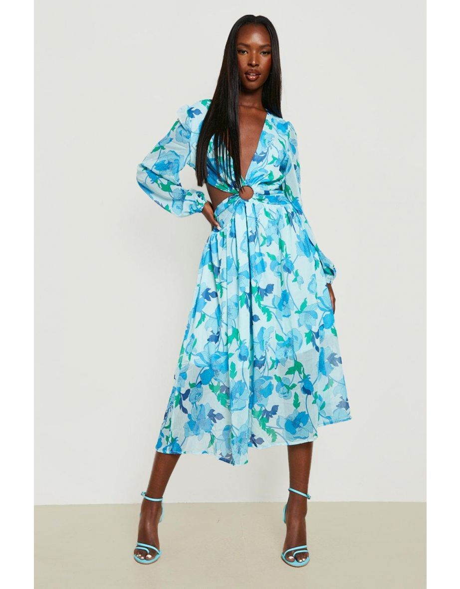 Shop Woven Floral Cut Out Maxi Dress - blue Online in Qatar | VogaCloset