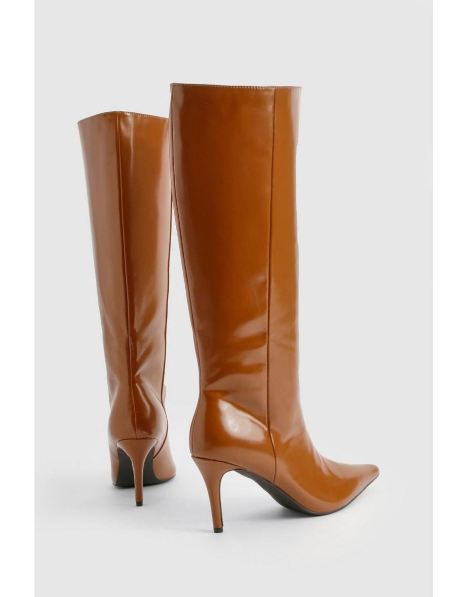 Premium Leather Look Pointed Knee High Boots - tan - 3