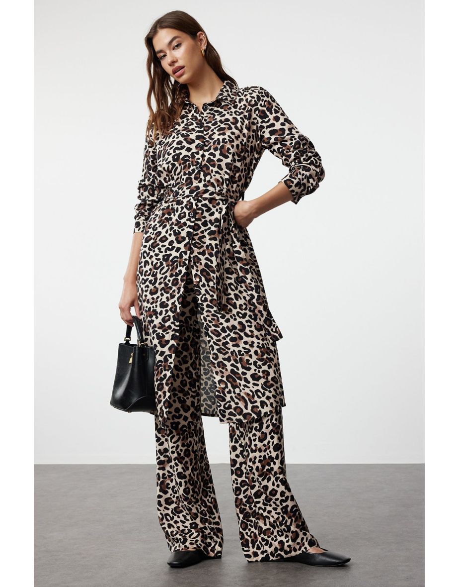 Brown Leopard Patterned Belted Viscose Regular Woven Hijab Bottom-Top Set