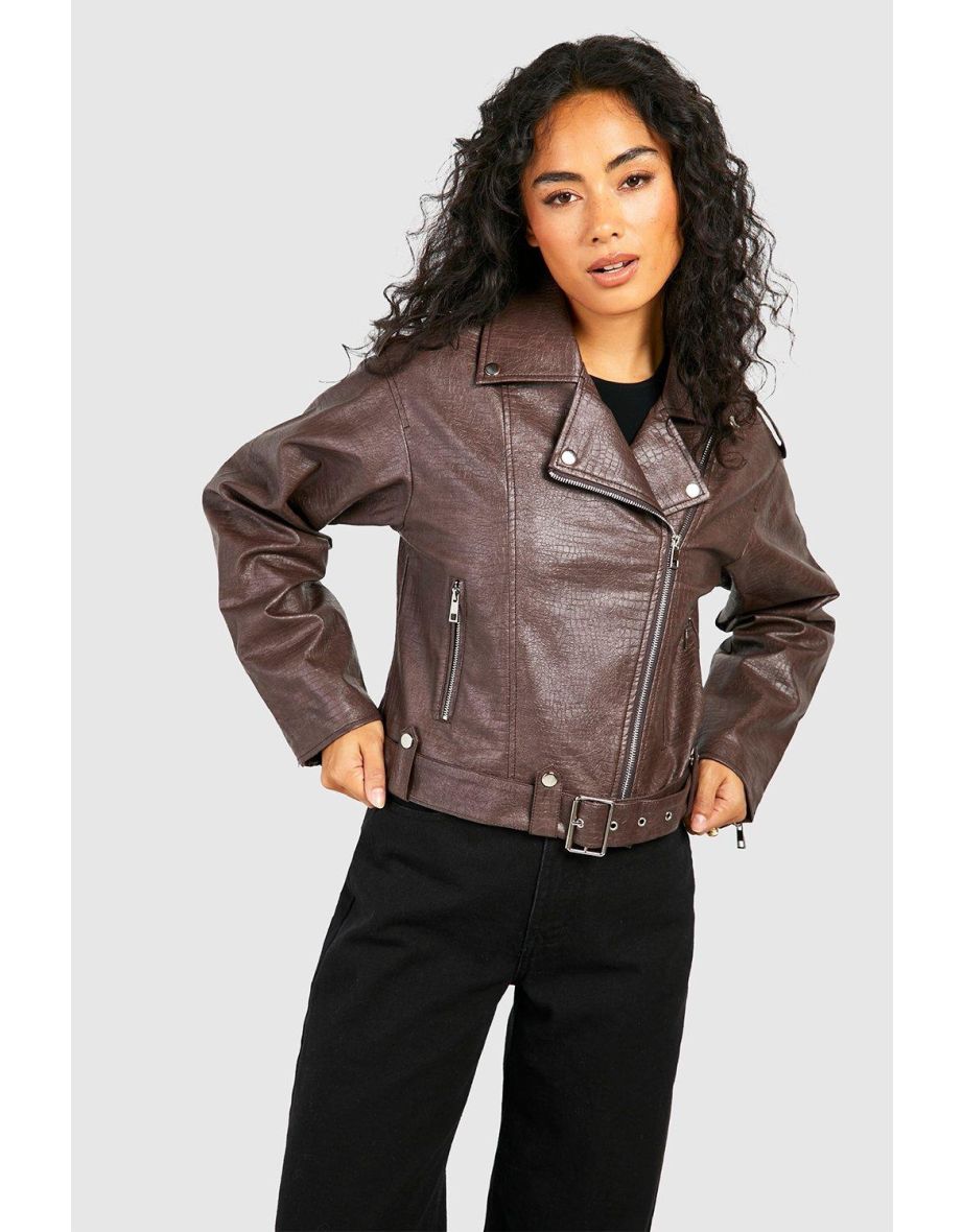 Croc Look Faux Leather Biker Jacket - chocolate