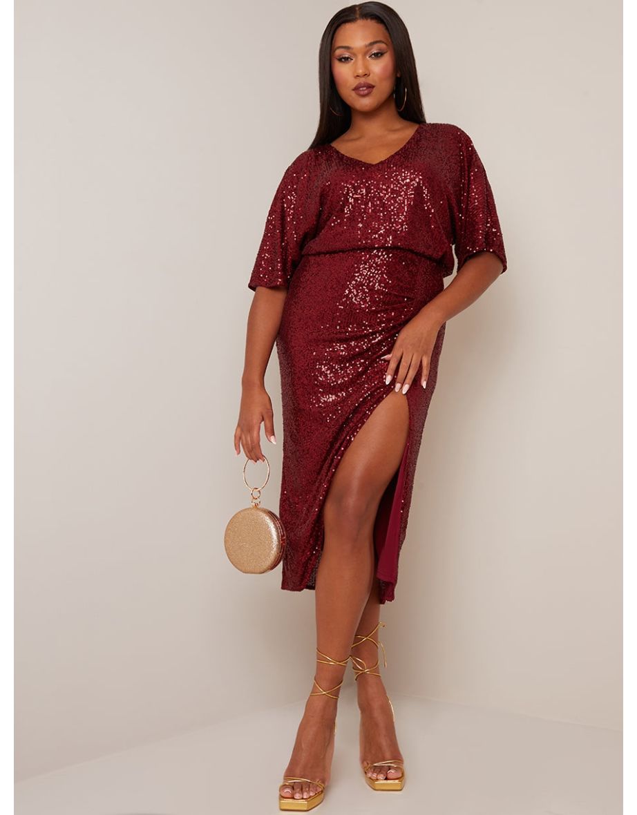 Shop V Neck Glitter Midi Dress in Red Online in Bahrain VogaCloset