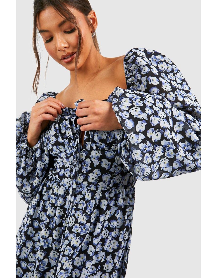 Floral Puff Sleeve Rouched Bust Maxi Milkmaid Dress - black - 3