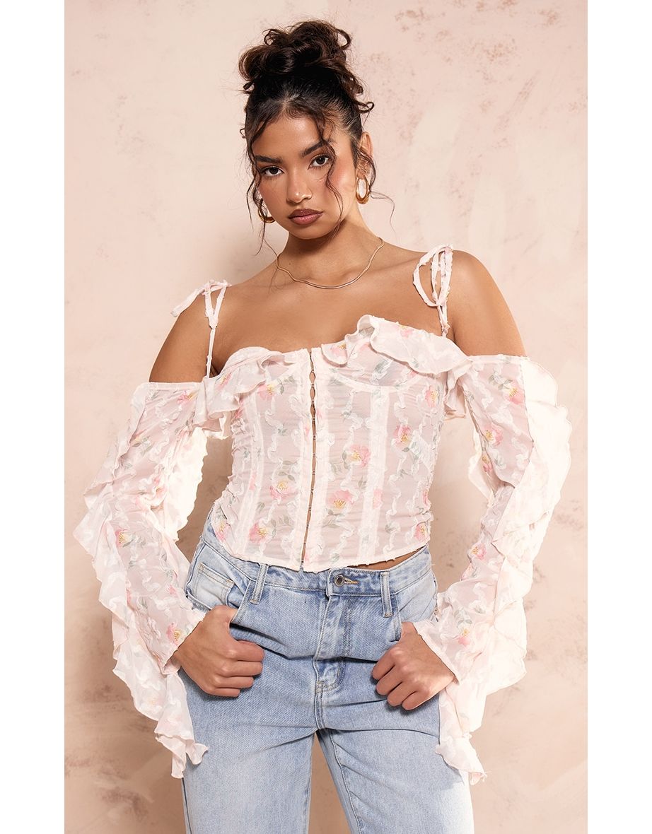 Baby Pink Floral Applique Ruffle Bardot Hook And Eye Top