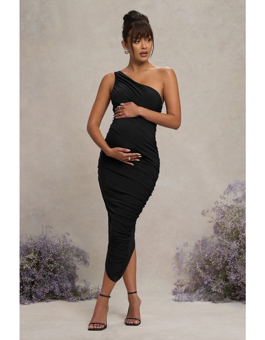 Late Night | Black Maternity Ruched One Shoulder Midi Dress - 4