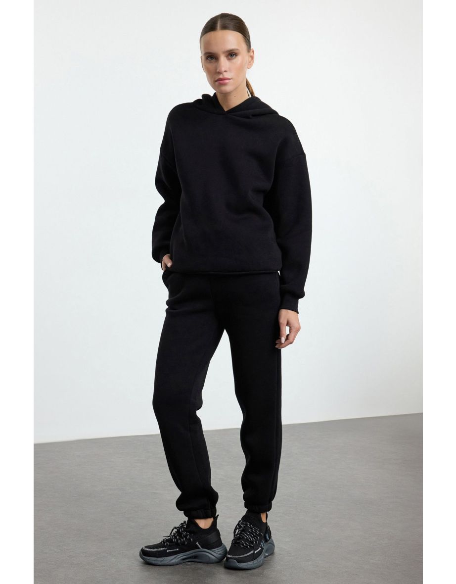 Black Thick Fleece Hooded Oversize/Comfortable Cut Knitted Tracksuit Set