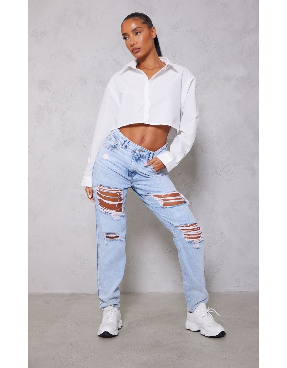 PRETTYLITTLETHING Grey Ripped Mom Jeans