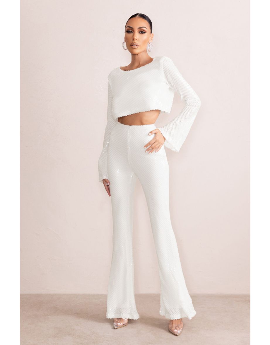 Dropping Hints | White Sequin Wide Leg Trousers - 4