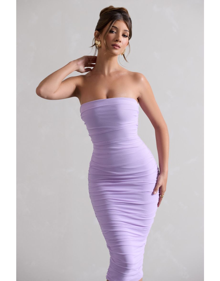 My Girl | Lilac Strapless Bodycon Ruched Mesh Dress - 2