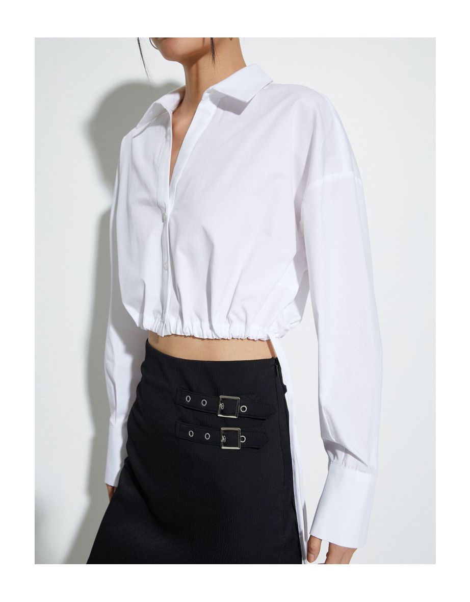 Crop T-Shirt Elastic Waist Long Sleeve Buttoned Cuff Collar Cotton Poplin - 5