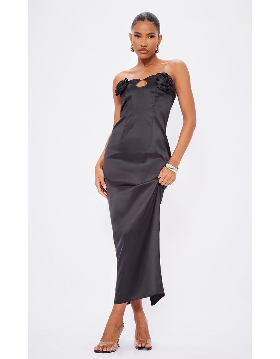 Black Satin Corsage Maxi Dress
