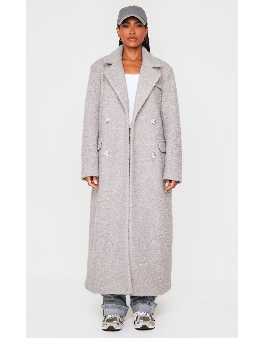 Light Grey Boucle Double Breasted Structured Maxi Coat