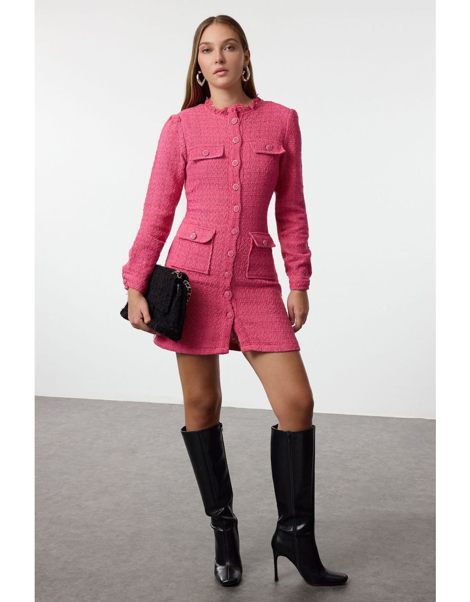 Pink Straight Cut Tweed Jacket Woven Dress