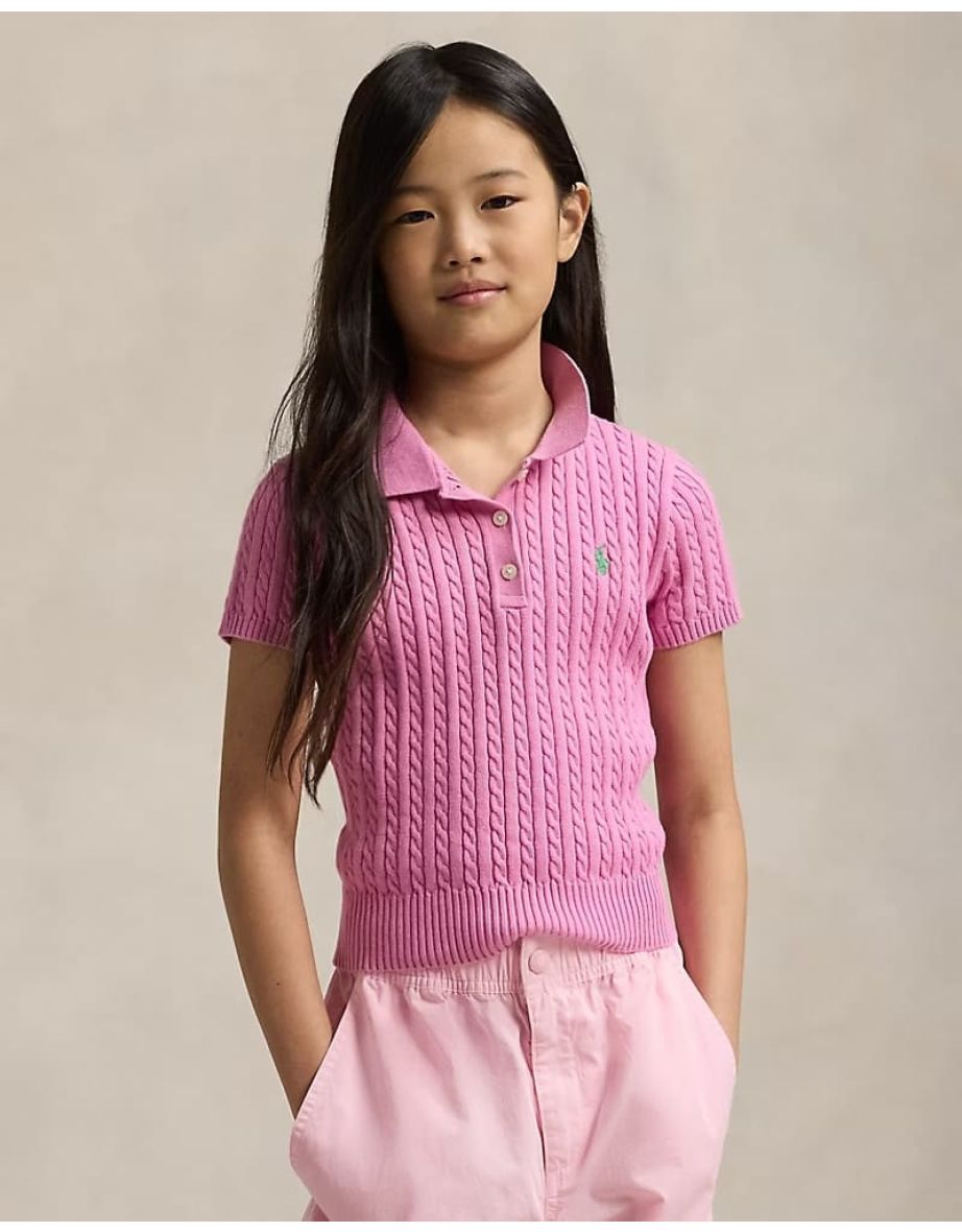 Girls Cable Knit Polo Sweater in Pink