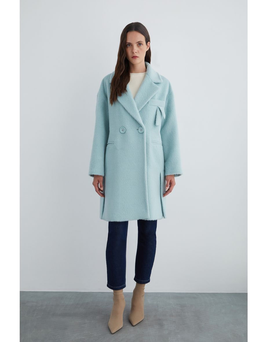 Long Mint Green Coat with Under-Pocket Detail