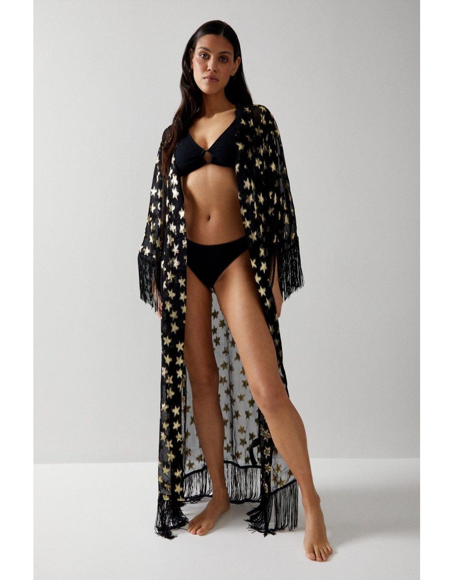 Metallic Star Tassel Beach Maxi Kimono