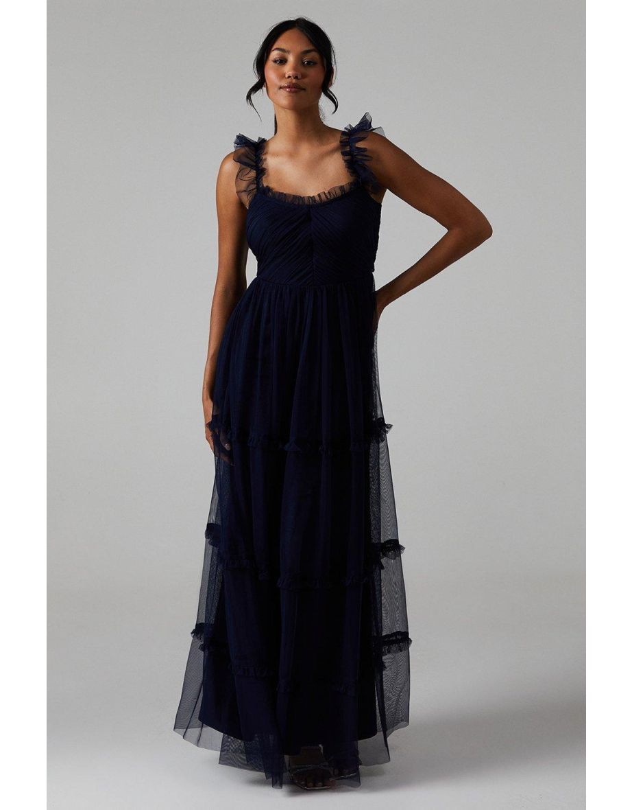 Flutter Sleeve Tiered Mesh Bridesmaids Dress