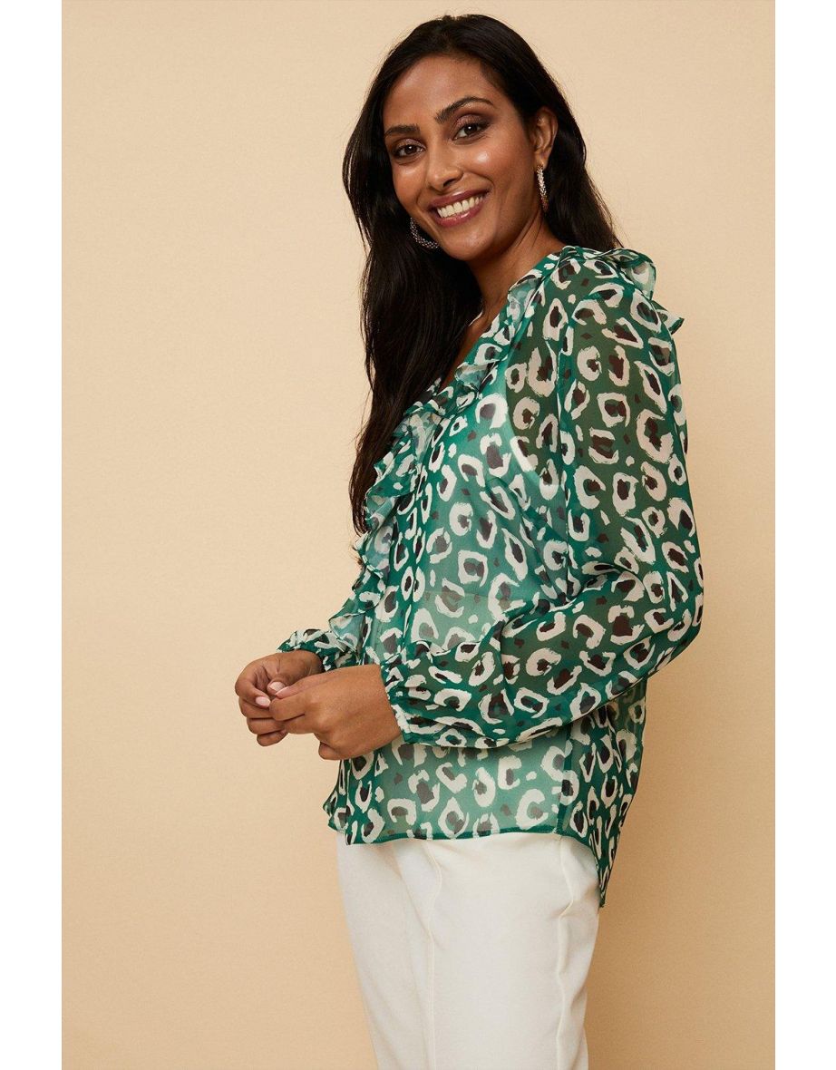 Petite Green Animal Wrap Ruffle Top