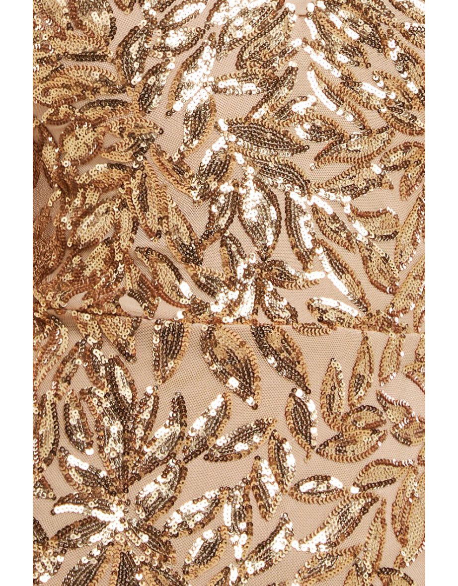 Goddiva Long Sleeve Sequin Leaf Long Sleeve Maxi Dress - Gold - 3